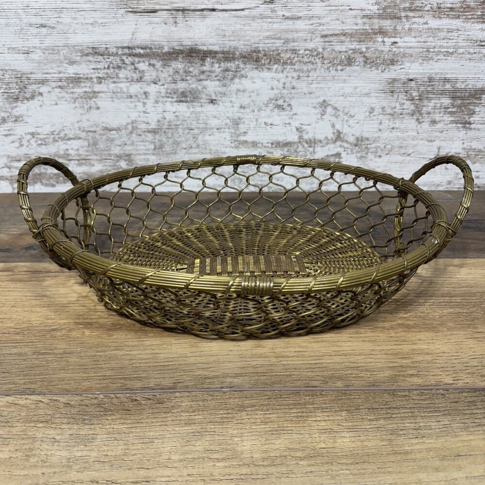Solid Brass Metal Decorative Basket Storage Centerpiece Farm House MCM India